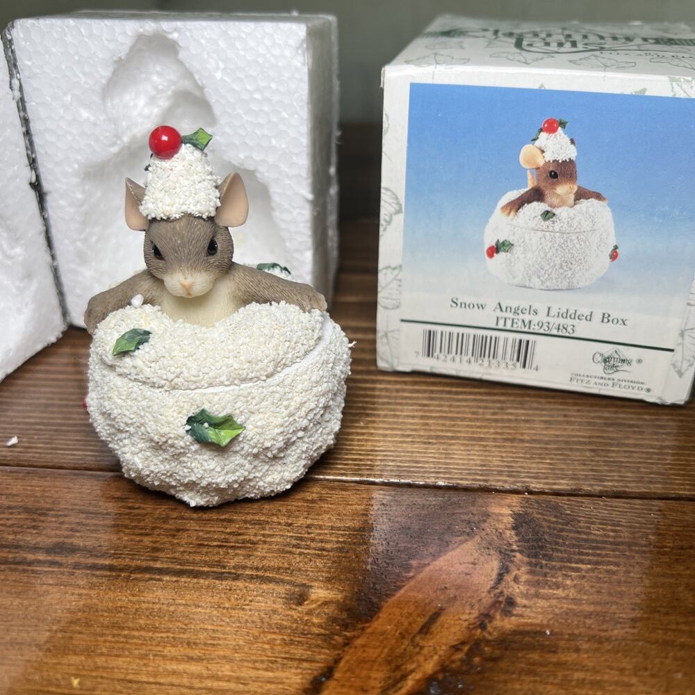 Charming Tails Snow Angels Lidded Box 93/483 Christmas Mouse New In Box-Open Box
